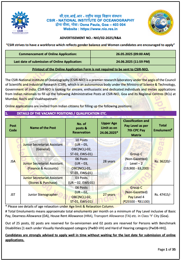 CSIR NIO Recruitment 2025